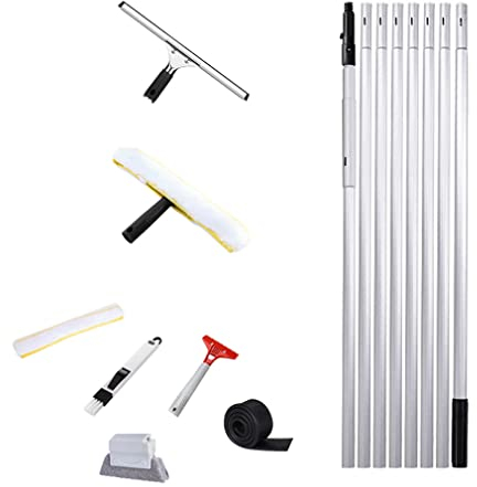 MQZHUK Fensterreiniger Profi Set mit Gummilippe 7m/8m/9m/10m Glasreinigungswerkzeuge für hohe Fenster Kombi Fensterwischer Microfaser Verdickung Aluminiumstange Wasserabzieher Abzieher (8m)