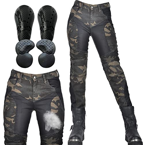 SHUOJIA Damen Motorradjeans mit Camouflage-Denim-Hose mit atmungsaktivem Mesh und abnehmbaren Hüft- und Knieprotektoren Sommer (Green,3XL)