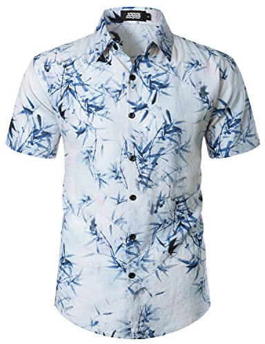 JOGAL Mens Flowers Casual Aloha Hawaiian Shirt Short Sleeve Beach Shirt BlueWhite Large
