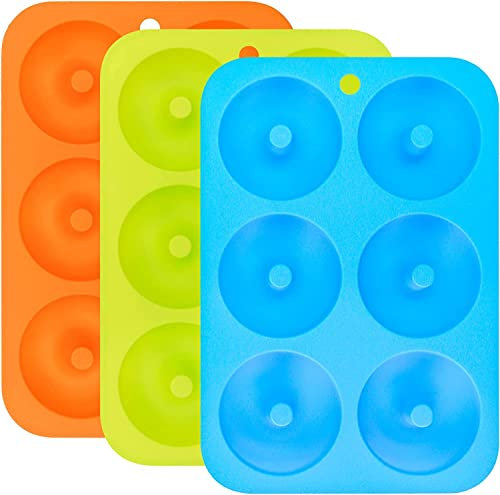 LATRAT 3 moldes de silicona para donuts antiadherentes, 6 cavidades flexibles, para hornear donuts (verde, naranja, azul)