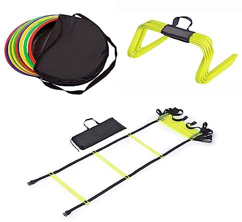 RHINOS sports Agility Trainings-Set | Koordinationsleiter 4m inkl. Tasche + 12er Koordinationsringe inkl. Tasche + Elastisches Hürden 6er-Set 15 cm mit Halter