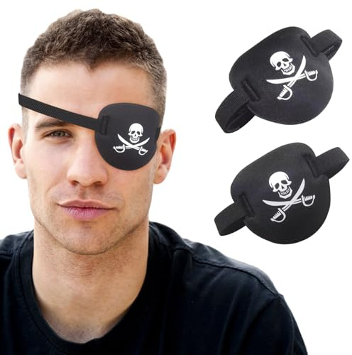 RIKEYO 2 Stück Piraten Augenklappe,3D Schwarze Augenklappe für Erwachsene oder Kinder,Medizinische Augenklappe für Linkes oder Rechtes Auge Verstellbare,für Faule Augen,Totenkopf Kreuzbein Halloween