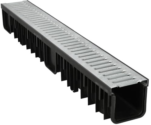 KOTARBAU® Entwässerungsrinne 1 m mit Verzinkt Stahl Abdeckrost Stahlrost System A15 EN1433 121mm Terrassenrinne Effektive Regenwasser-Abflussrinne für Terrassen