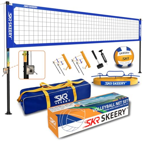 SKEERY Robustes Volleyballnetz-Set, Anti-Beschlag-Design, verstellbare Aluminiumstangen, tragbares Volleyballnetz für Hinterhof, Gras und Strand (blau)