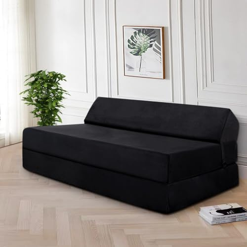 Panana Lightweight and Comfy Lazy Z Bed Deluxe Futon Fold Out Sofa For Adults Kids Children Double Folding Mattress Sleepover Chair Living Room Bedroom Toddler Furniture (Black, Double)