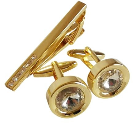 Homxi Krawattennadel Manschettenknöpfe Set,Herren Krawattennadel Messing Rund mit Zirkonia Manschettenknöpfe für Herren Weiß Gold