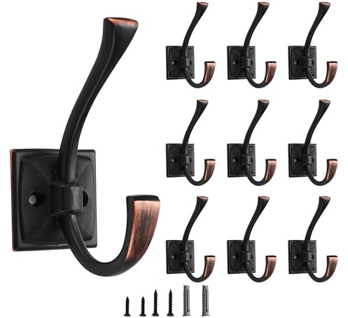 CABDM 10 Pack Decorative Heavy Duty Towel Hooks for Hanging Robe Double Oil Rubbed Bronze Coat Hooks Wall Mounted with Screws for Key, Towel, Bags, Cup, Hat