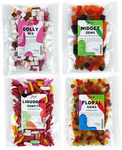 Just Treats Sweet Quartet - Lion Midget Gems, Squirrel Floral Gums, Liquorice Comfits, Dolly Mixture (4 x 175g Bags) - 7,20,22,26