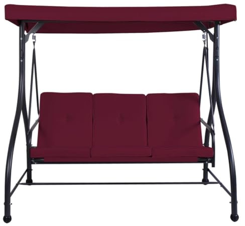 SFAREST 3 Seater Swing Chair, Hammock Bench Garden Swing Seat with Adjustable Canopy and Cushions, Outdoor Hanging Rocking Chair for Balcony Backyard Poolside (Wine Red)