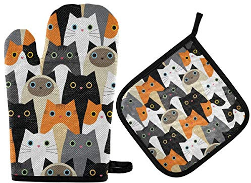 Adacs Ofenhandschuhe, Topflappen-Sets – niedliche Katzen, Ofenhandschuh-Set, heiße Pads, rutschfeste Kochhandschuhe, hitzebeständiger Topflappen zum Backen, Grillen