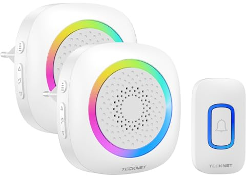 TECKNET Funkklingel, 400M Funk Reichweite Türklingel Set mit RGB Licht, IP66 Aussen Wasserdicht Haustür Klingel mit 2 Plug-in Empfänger, 60 Klingeltönen, 5 Lautstärke Stufen und LED-Blinken
