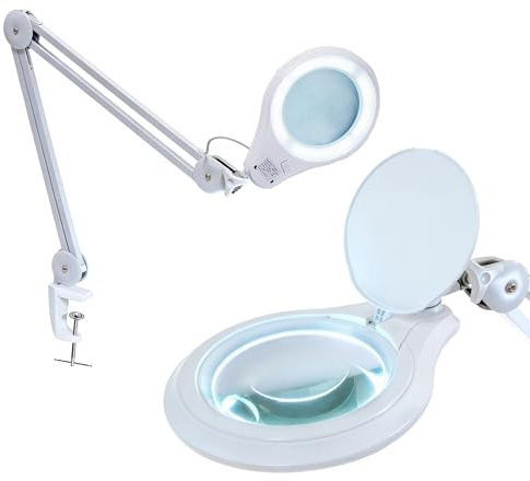 Neatfi LED-Lupenlampe mit Klemme, 1.200 Lumen – 12,7 cm 8-Dioptrien-Glaslinse, dimmbares Arbeitslicht | Verstellbarer Arm | Lesen, Nähen & Basteln (Weiß, 8 Dioptrien)