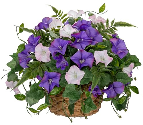 Arborus Kunstblumen im Weidenkorb Künstliche Petunie 27 cm Blumen Violett | Kunstblumen wie Echt im Topf Deko Blumen für Rustikale Tisch Regal Bad Zimmer Hochzeit Deko