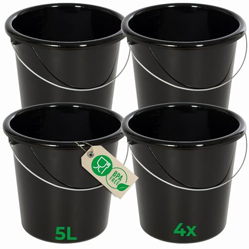 Novaliv 4 Stück Eimer 5L Schwarz mit Maßeinteilung - Putzeimer 5 Liter ? 22,5 cm Praktischer Allrounder mit Skala für Haushalt & Garten ideal als Haushaltseimer, Wassereimer, Wischeimer, Bucket