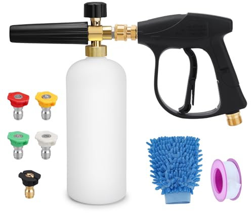 Geichan 1/4 Quick Release Pressure Washer Snow Foam Cannon Lance Gun,1L High Pressure Washer Soap Dispenser Bottle with Foam Lance Gun and 5 Color Nozzles for Garden Cleaning,Car Washing