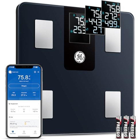 GE Körperfettwaage Digitale BMI Wagge: Smart Körperanalysewaage mit All-In-One LCD Display, Bluetooth Waagen mit Körperfett und Muskelmasse, Bathroom Personenwaage 180kg / 396lbs