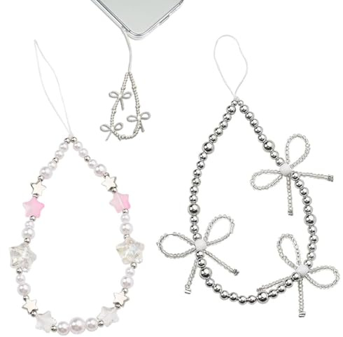 SULIUDAJI 2 Pièces Bracelet Telephone Portable, Bijoux De Telephone, Avec Étoile À Cinq Branches Et Accessoires Pour Nœuds, Chaine Telephone Portable, Dragonne De Téléphone Portable Perlée Pour Femmes