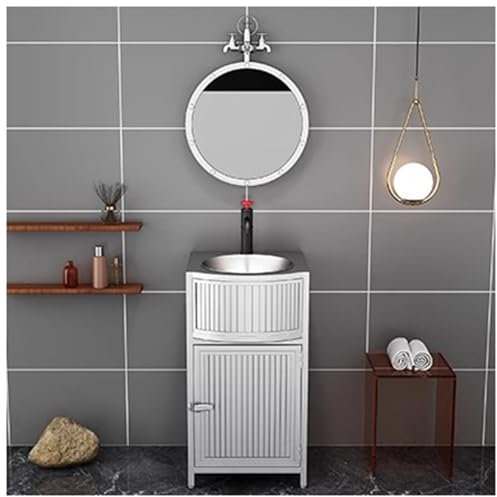 ZTGL Lavandino A Colonna da Esterno in Ferro Battuto, Stile Industriale Mobile da Bagno con Lavabo e Almacenamiento, Lavabo Freestanding Bagno con Rubinetto e Scarico,Argento,with Mirror