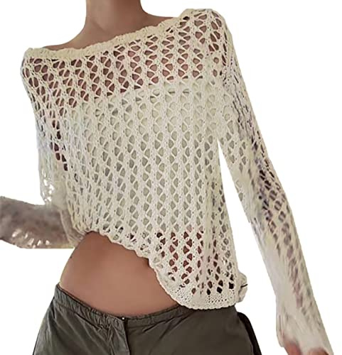 Chandail au crochet léger pour femme – Chandail d'automne transparent pour femme – Tricot confortable et ample à col rond en maille unie à manches longues pour l'automne – Pull chaud et épais pour la