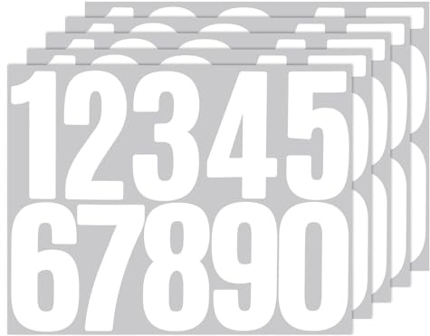 ZEYIYER Lot de 5 feuilles d'autocollants numérotés - Blanc - 8 cm - Autocollants étanches - Autocollants de 0 à 9 - Réfléchissants - En vinyle - Pour résidence, boîte aux lettres