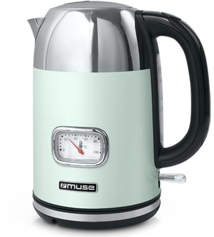 Muse Bouilloire rétro en acier inoxydable avec affichage analogique de la température, filtre lavable, échelle transparente, capacité de 1,7 l, arrêt automatique, vert pastel