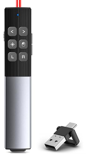Presentatore per mouse USB C, presentatore con USB 2 in 1 e Type-C, Wireless PowerPoint telecomando 2.4G Presentation Clicker con collegamento ipertestuale, controllo volume/schermo intero/nero per