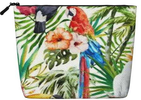 Water-Resistant Cosmetic Pouch Organizer for Women Travel, Makeup Bag with Zipper, Lightweight Daily Essentials Pouch for Toiletries Art Supplies Storage, Parrot Palm Tree Leaves Fake Hemp Makeup Bag