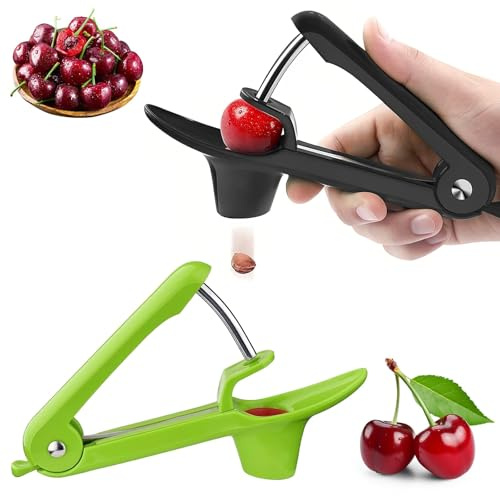 HSUYUN Lot de 2 dénoyauteurs de cerises - En acier inoxydable - Noir et vert - Manuel - Pour cerises, jujubes, olives