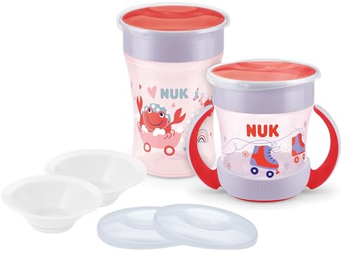 NUK Magic Duo Set Rot – 2 Magic Cups, 2022 Edition + 2 Ersatzdeckel & 2 Trinktüllen – BPA-frei, robuster Trinklernbecher ab 8 Monate