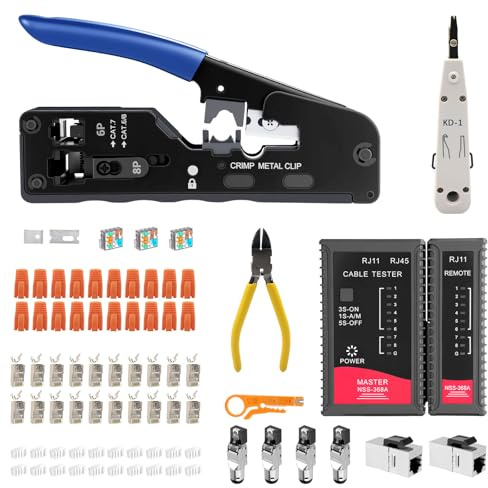 Juego de herramientas de red Pass Through RJ45, crimpadora para Cat7, Cat6, Cat5, con 4 conectores de red Cat7, sin herramientas, comprobador de red, 10 conectores RJ45, LSA herramienta de colocación