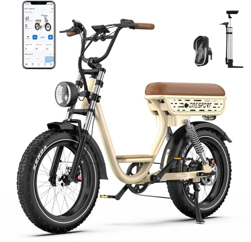 Onesport W66/W77 E Bike Elettrica, 20 X 4 Pollici Fat Tire Ebike con Batteria 48V 18AH/13.5AH Autonomia 30-100KM, Sospensione Integrale & Freni Idraulici, Bici Elettrica Uomo e Donna con Bluetooth APP