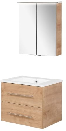 FACKELMANN B.Perfekt 3-teiliges Möbel-Set – Waschtischunterschrank in AST Eiche Holzoptik, Keramikbecken & Spiegelschrank mit LED – Made in Germany