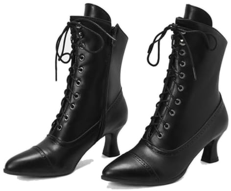 KUHAOFEU Botines De Tacón Fino para Mujer Botas Cortas con Cordones Tacón De Gatito Botas Victorianas,Negro,35 EU