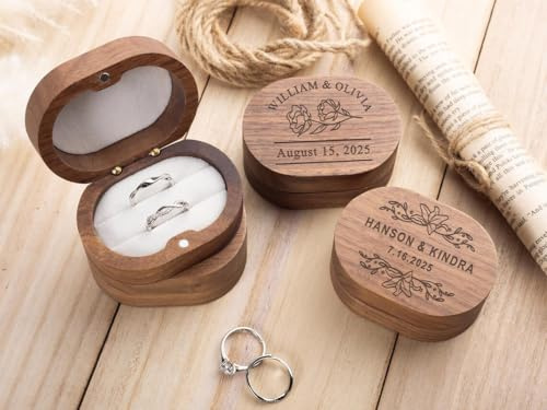 CFuniq® Personalized Wooden Ring Box with Moss, Wedding Ring Bearer Box, Mr & Mrs Engraved Engagement Ring Holder, Rustic Walnut Wood Ring Box Gift for Anniversary, Birthday, Proposal, Couples