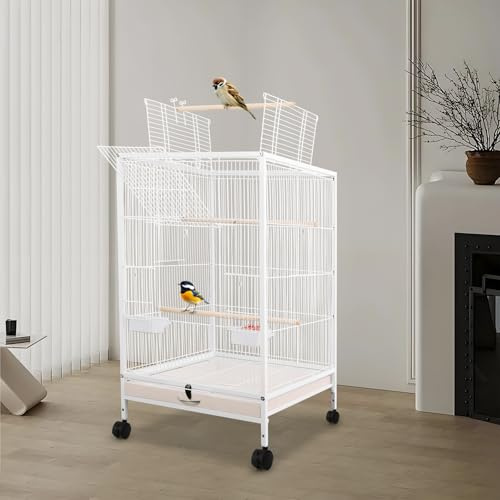 Metall Birdcage Voliere Vogelkäfig, Papageienkäfig kann Öffnung nach Oben, Käfig mit Rädern, Futternapf und Tablett, für Papageien, Spatzen, und Verschiedene Kleine oder Mittelgroße Vögel (Weiß)