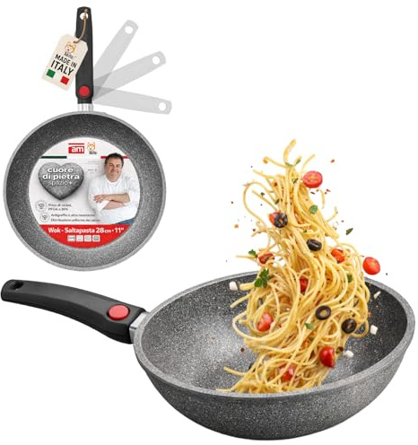 AKITAInk Wok Saltapasta 28 cm Antiaderente Effetto Pietra - Padella Wok Induzione con Manico Pieghevole Salvaspazio, Ideale per Pasta, Verdure e Carne