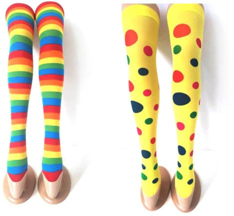 MALUGOGO 4 medias de payaso coloridas hasta la rodilla para mujer, material de elastano con fuerte durabilidad y buena elasticidad, incluye 1 par de calcetines a rayas y 1 par de calcetines de lunares