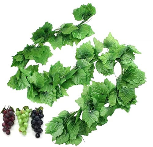Hecaty 12 Strands Artificial Fake Grape Vines with 3 Strings Grapes, Hanging Plant Large Leaves Garland for Wedding Party Store Home Decor Indoor Outdoors (Grape and Garlands)