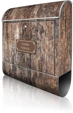 banjado Design Briefkasten personalisiert 38,5x46,5x13cm & 2 Schlüssel - Briefkasten Stahl Silber Zeitungsfach pulverbeschichtet - Postkasten A4 Einwurf inkl. Montagematerial - Motiv Altes Holz