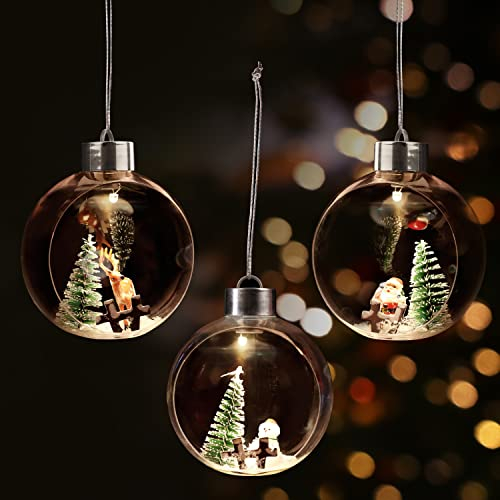 Weihnachtskugeln (3er Pack) - (9,6x10,8 cm) LED Christbaumkugeln Weihnachtsdeko Kugeln Plastik Transparent Beleuchtet mit Nikolaus, Rentier, Schneemann als Dekokugel, Weihnachtsbaumkugel, Baumschmuck
