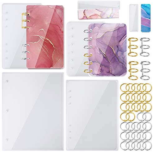 NiArt Funda grande para cuaderno A4, moldes de silicona de resina epoxi, A4, A5, A6, A7, 40 unidades, kit de anillos de carpeta de hojas sueltas, herramienta de fundición hecha a mano, ágata, arte,