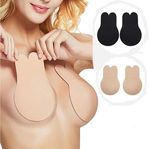 whiteswan 2 Pairs Invisible Lift-Up Bra, Adhesive Bra Anti-Penetration Point Breast Tape Push Up Strapless Nipple Covers (L-Diameter 11CM,Black+Skin Color)