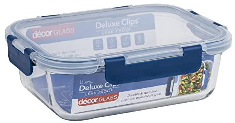 Décor Deluxe Clips Glass Food Storage Container | Leakproof Lid with Deluxe Clips | Dishwasher, Freezer & Microwave Safe - 1L Capacity