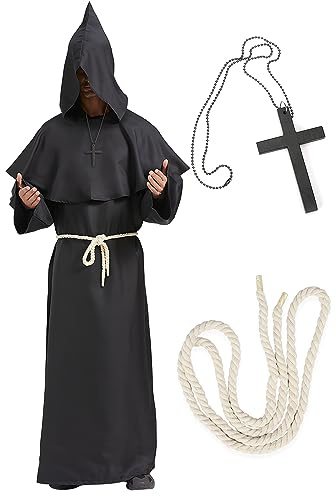 BIQIQI Disfraz de Monje Sacerdote Túnica Medieval Renacimiento Traje Fraile con capucha Túnica de monje con Cruz y Cuerda en la Cintura para Halloween Carnaval (S)