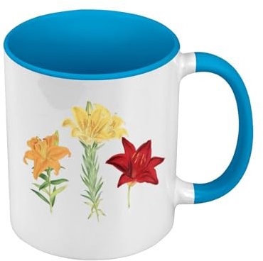 Fabulous Mug de Couleur Qualité Premium Bleu - 3 Fleurs Antiques Botanique Illustration Ancienne - Tasse avec anse et intérieur de couleur