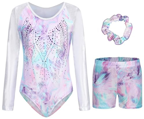 FEOYA Gymnastikanzug Kinder Mädchen Langarm Mädchen Turnanzug Turnshorts Haarband Set Tanz Gymnastik Training Dancewear 3er Set Kinder Glänzende Turnanzug mit Strasssteine B 11-12 Jahre