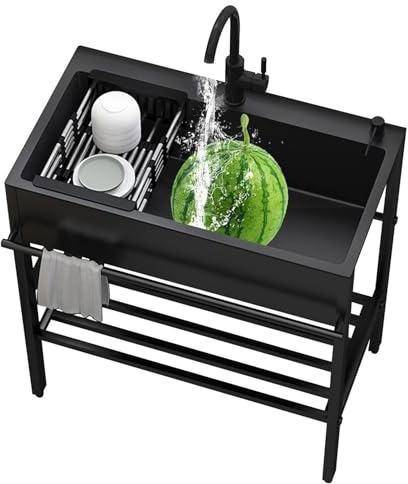 AKOGG Spülbecken Edelstahl,Küchenspüle,Freistehende Spültisch,Spülenschrank Mit Spüle Und Armatur,Mobiles Waschbecken,Spüle Mit Unterschrank,Ausgussbecken Mit Ständer,Schwarz,Für Keller Camping Küche