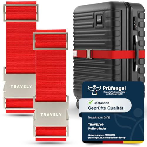 TRAVELY Premium Koffergurt mit Metallschnalle [2er Set]- Besonders Edel & Auffällig - sehr robust I inklusive Namensschild - Passend für Handgepäck bis Übergröße, Kofferband Gurt, kofferband