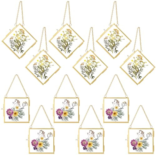 DoubleFill 12 Pcs Hanging Clear Photo Frame Double Glass for Pressed Flower Floating Frame with Chain Display Gallery Artwork Horizontal Vertical Gold Metal Rectangle Wall Decor(3 x 3 Inch)