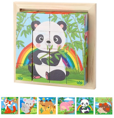 BRISKORE Würfelpuzzle Holz, Holzpuzzle 3D,Würfelpuzzle Puzzlespiele 6 in 1 Tier-Motive für Kinder,Montessori Spielzeug,lernendes pädagogisches Holzpuzzle-Spielzeug,Kreativ Lernspielzeug